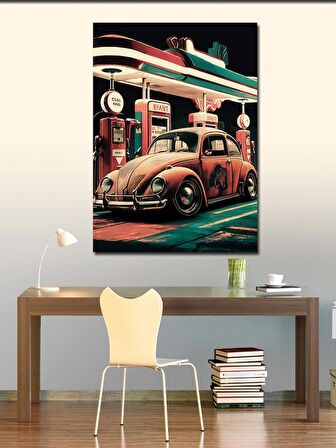 Kanvas Tablo Retro Benzin İstasyonu Ve Araba