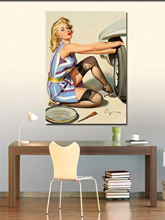 Kanvas Tablo Araba Tamircisi Pin Up Kadın