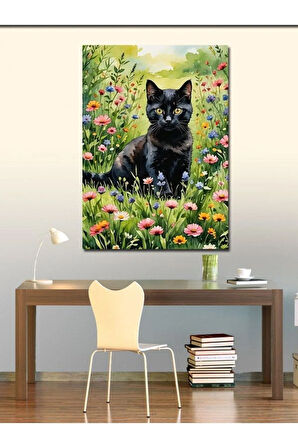 Kanvas Tablo Renkli Çiçekler Ve Siyah Kedi
