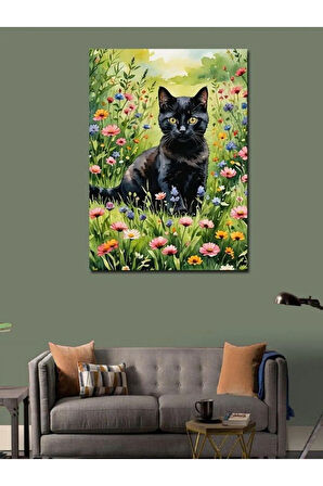 Kanvas Tablo Renkli Çiçekler Ve Siyah Kedi