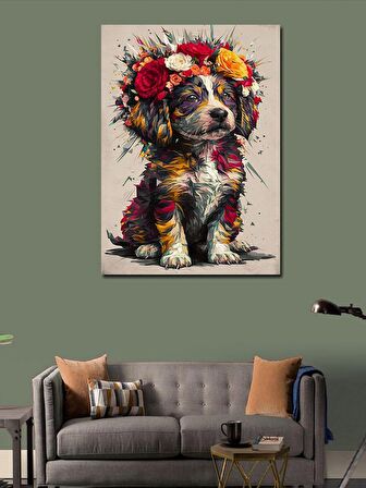 Kanvas Tablo Renkli Çiçekler Ve Yavru Köpek