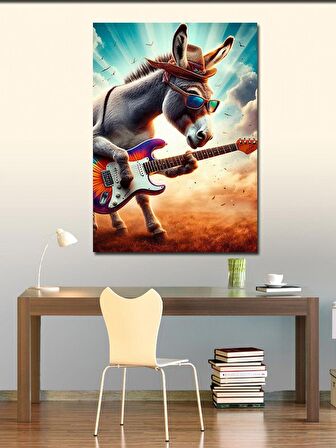 Kanvas Tablo Elektro Gitar Çalan Eşek