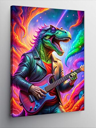 Kanvas Tablo Elektro Gitar Çalan Gözlüklü Dinozor