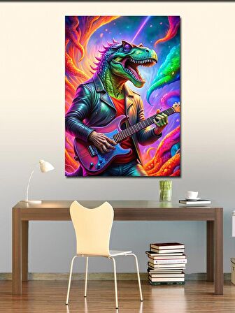 Kanvas Tablo Elektro Gitar Çalan Gözlüklü Dinozor