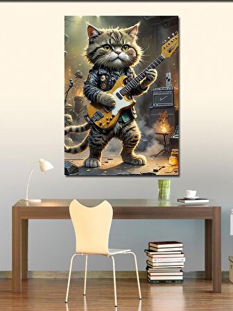 Kanvas Tablo Elektro Gitar Çalan Kedi