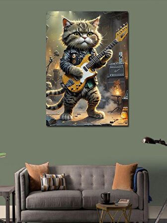 Kanvas Tablo Elektro Gitar Çalan Kedi