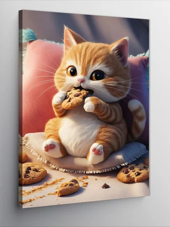 Kanvas Tablo Çikolatalı Kurabiye Yiyen Kedi
