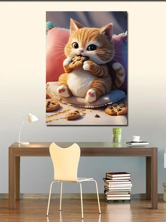 Kanvas Tablo Çikolatalı Kurabiye Yiyen Kedi