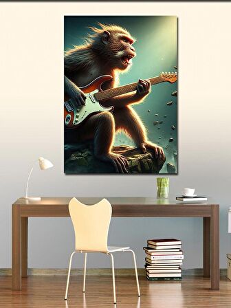 Kanvas Tablo Elektro Gitar Çalan Maymun