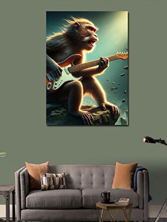 Kanvas Tablo Elektro Gitar Çalan Maymun
