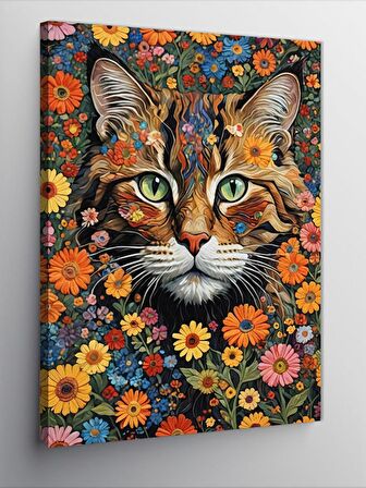 Kanvas Tablo Kedi Ve Çiçekler