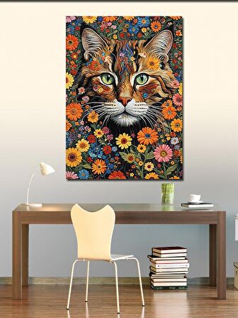 Kanvas Tablo Kedi Ve Çiçekler