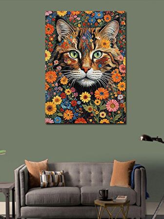 Kanvas Tablo Kedi Ve Çiçekler