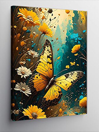 Kanvas Tablo Renkli Çiçekler Ve Sarı Kelebek