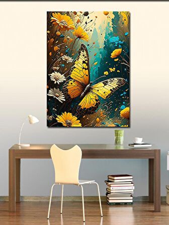 Kanvas Tablo Renkli Çiçekler Ve Sarı Kelebek