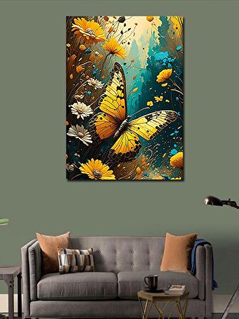 Kanvas Tablo Renkli Çiçekler Ve Sarı Kelebek