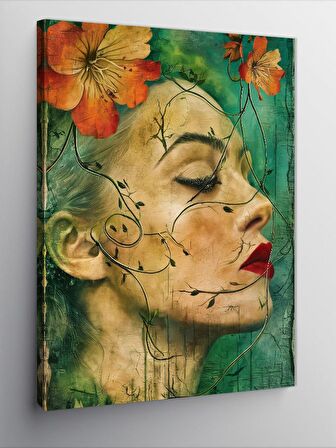 Kanvas Tablo Çiçekler Ve Kırmızı Rujlu Kadın