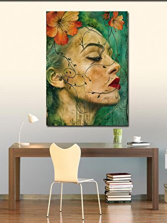 Kanvas Tablo Çiçekler Ve Kırmızı Rujlu Kadın