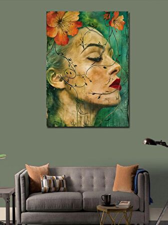 Kanvas Tablo Çiçekler Ve Kırmızı Rujlu Kadın