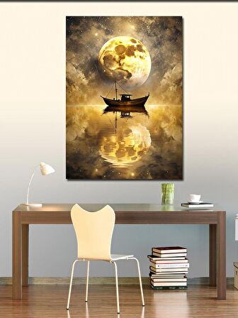 Kanvas Tablo Dolunay Ve Balıkçı Teknesi