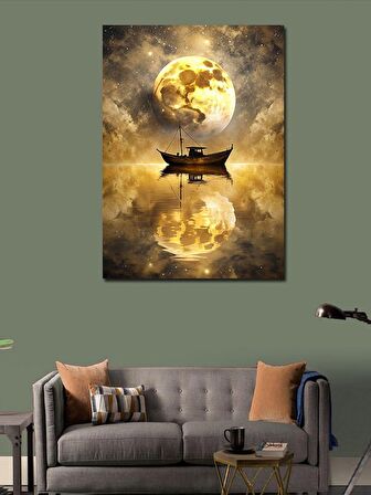 Kanvas Tablo Dolunay Ve Balıkçı Teknesi