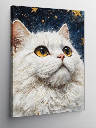 Kanvas Tablo Beyaz Kedi Ve Yıldızlar