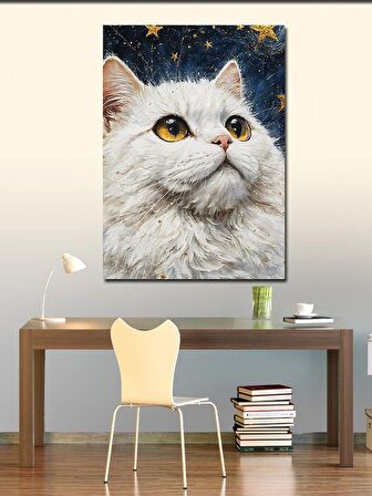 Kanvas Tablo Beyaz Kedi Ve Yıldızlar