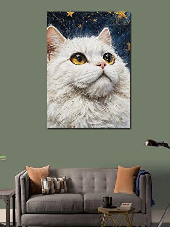 Kanvas Tablo Beyaz Kedi Ve Yıldızlar