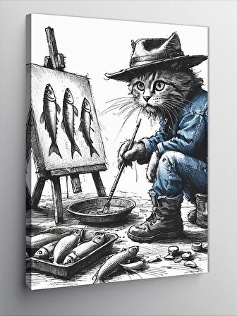 Kanvas Tablo Balık Resmi Çizen Kedi