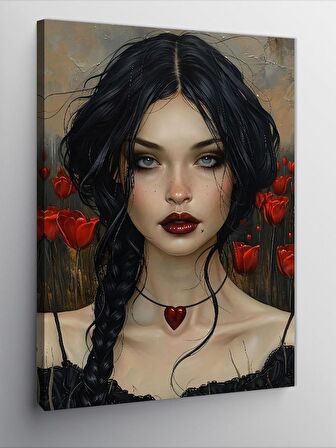 Kanvas Tablo Kırmızı Çiçekler Ve Kız