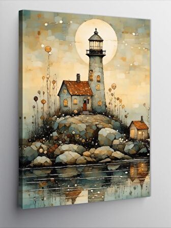 Kanvas Tablo Dolunay Ve Deniz Feneri Çizimi