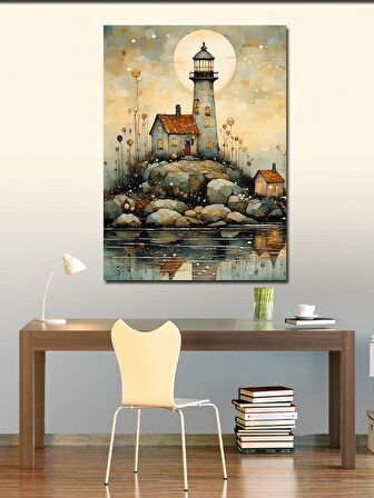 Kanvas Tablo Dolunay Ve Deniz Feneri Çizimi
