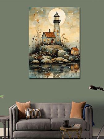 Kanvas Tablo Dolunay Ve Deniz Feneri Çizimi