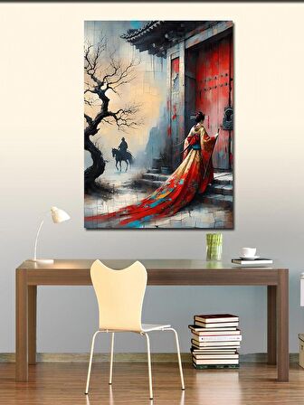 Kanvas Tablo Kırmızı Elbise İle Japon Kadın