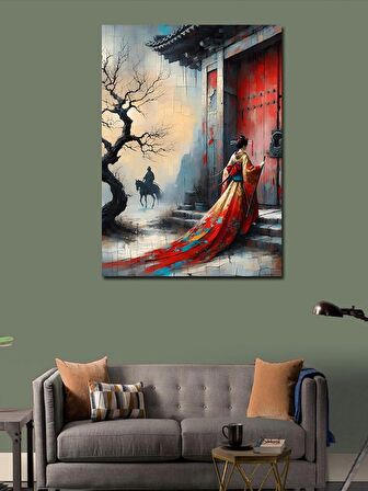 Kanvas Tablo Kırmızı Elbise İle Japon Kadın