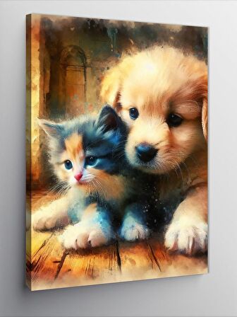 Kanvas Tablo Yavru Köpek Ve Kedi