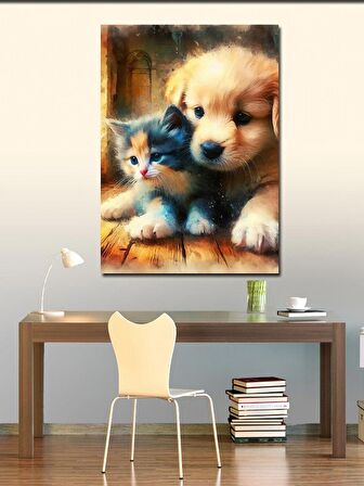 Kanvas Tablo Yavru Köpek Ve Kedi