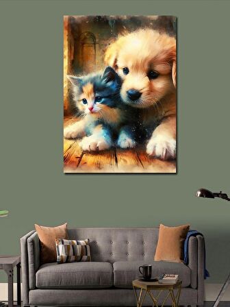 Kanvas Tablo Yavru Köpek Ve Kedi