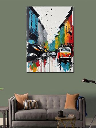 Kanvas Tablo Renkli Şehir Ve Arabalar