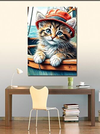 Kanvas Tablo Kırmızı Şapkalı Kedi