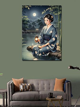 Kanvas Tablo Dolunay Ve Japon Kadın