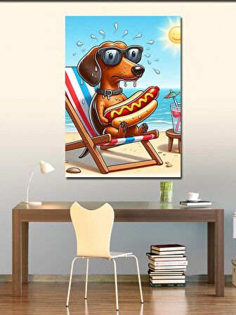 Kanvas Tablo Hotdog Yiyen Sevimli Köpek