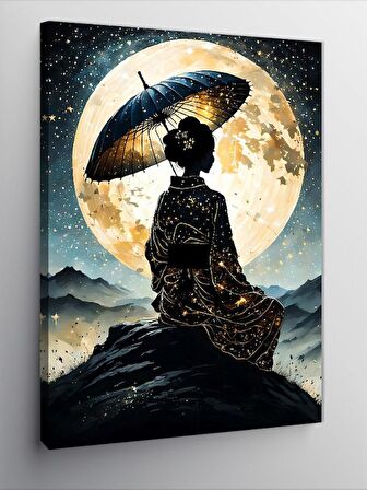 Kanvas Tablo Dolunay Ve Şemsiyeli Japon Kadın