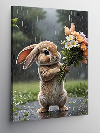Kanvas Tablo Yavru Tavşan Ve Çiçekler