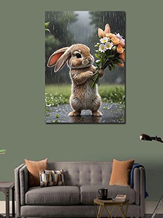 Kanvas Tablo Yavru Tavşan Ve Çiçekler