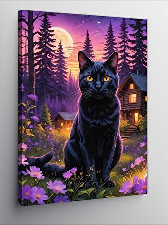 Kanvas Tablo Siyah Kedi Ve Çiçekler
