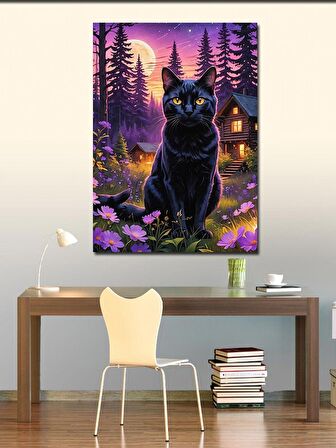 Kanvas Tablo Siyah Kedi Ve Çiçekler
