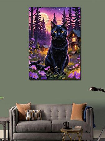 Kanvas Tablo Siyah Kedi Ve Çiçekler