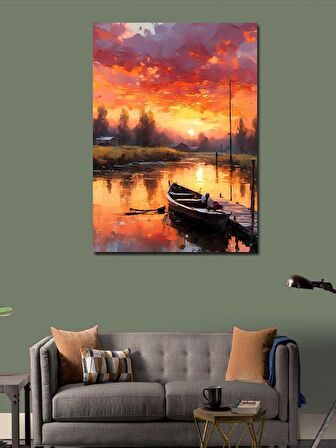 Kanvas Tablo Göl Ve Ahşap Tekne