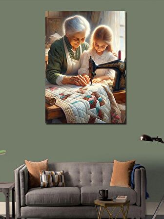 Kanvas Tablo Dikiş Yapmayı Öğreten Kadın